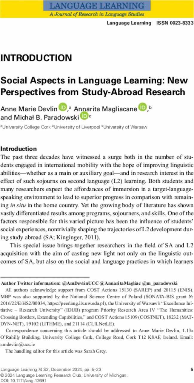 Social Aspects in Language Learning: New Perspectives from Study-Abroad Research