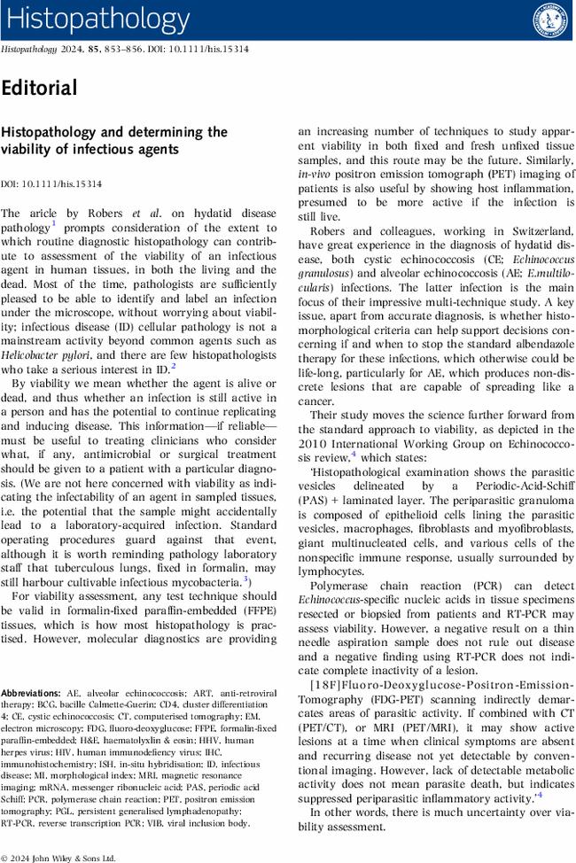 Histopathology and determining the viability of infectious agents