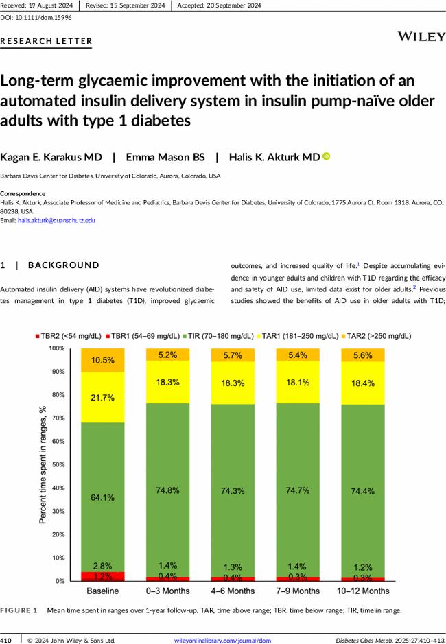 Long-term glycaemic improvement with the initiation of an automated insulin delivery system in insulin pump-naïve older adults with type 1 diabetes