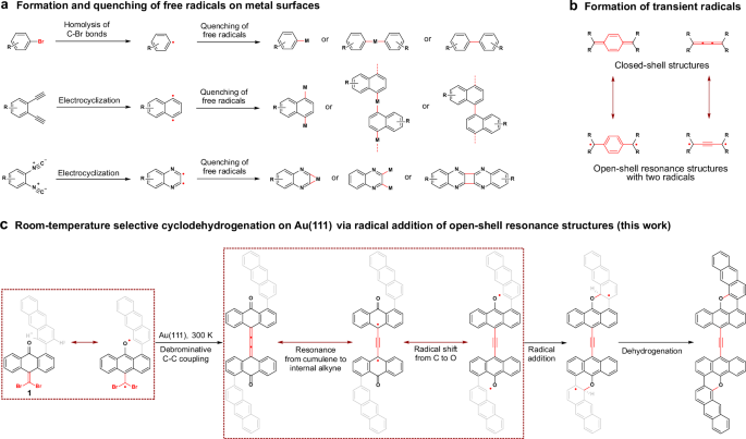 Room-temperature selective cyclodehydrogenation on Au(111) via radical addition of open-shell resonance structures