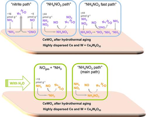 Effects of Hydrothermal Aging on Standard and Fast SCR over CeWOx: A Quantitative Study on Adsorption Sites and Reaction Mechanism