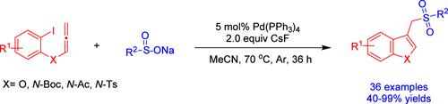 Synthesis of Indole- and Benzofuran-Based Benzylic Sulfones by Palladium-Catalyzed Sulfonylation of <i>ortho</i>-Iodoaryl Allenes.