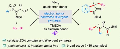 Electron-Donor-Mediated Divergent Transformation of Br–RF via EDA Complex for the Synthesis of Fluorine-Containing Oxindoles and Amides