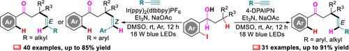 Divergent Synthesis of (<i>E</i>)- and (<i>Z</i>)-Alkenones via Photoredox C(sp<sup>3</sup>)-H Alkenylation-Dehydrogenation of <i>o</i>-Iodoarylalkanols with Alkynes.