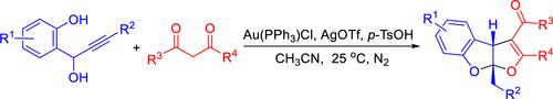 Au(PPh3)Cl/AgOTf/TsOH-Catalyzed Cascade Reaction between 1-(2-Hydroxyphenyl)-propargyl Alcohols and β-Oxoketones (Amides, Acid): Diastereoselective Construction of cis-3a,8a-Dihydrofuro[2,3-b]benzofuran Framework