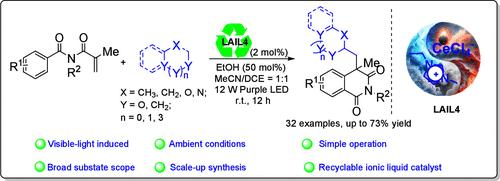 Lewis Acidic Ionic-Liquid-Catalyzed Radical-Cascade Alkylation/Cyclization of N-Alkyl-N-methacryloyl Benzamides with Alkanes via Visible-Light-Induced Ligand-to-Metal Charge Transfer: Access to Alkylated Isoquinoline-1,3(2H,4H)-diones