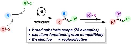 Modular Assembly of E-Selective Trisubstituted Alkenylborons via Nickel-Catalyzed Reductive Dicarbofunctionalization of Ethynylboron