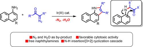 Synthesis of Functionalized Indoles by an Iridium-Catalyzed N–H Insertion Cascade: Nucleophilic Cyclization of Naphthylamines with α-Diazocarbonyl Compounds