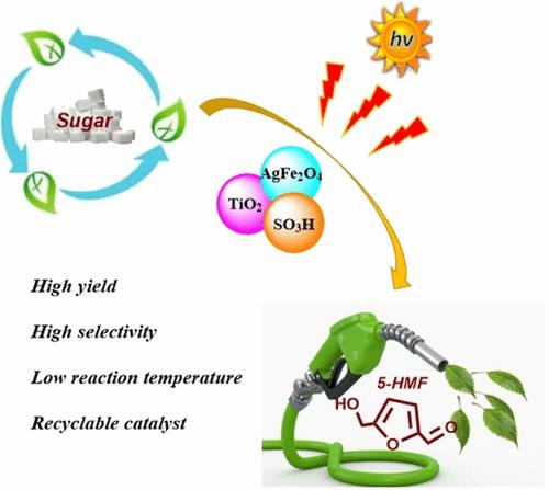 Heterogeneous Photocatalytic Conversion of Biomass-Derived Sugars into 5-Hydroxymethylfurfural over AgFe2O4/TiO2–SO3H Nanocomposite