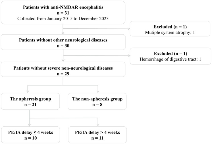 Short delay to initiate plasma exchange or immunoadsorption as synergistic therapies for patients in the acute phase of anti-NMDAR encephalitis.