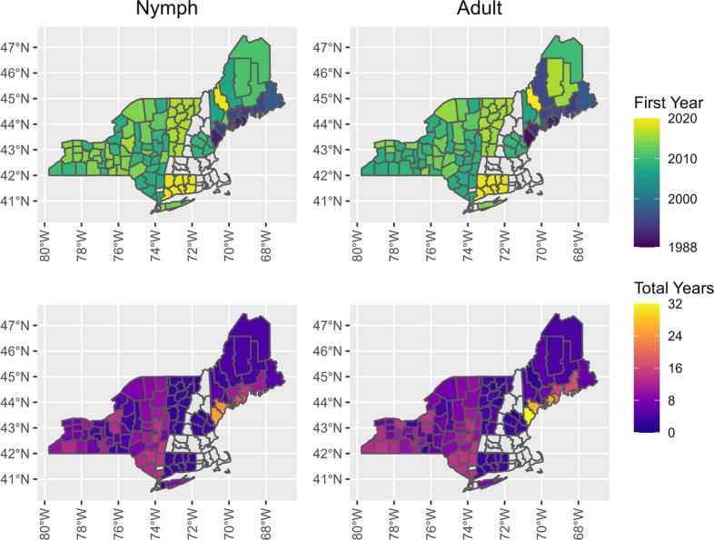 Spatial and temporal distribution of Ixodes scapularis and tick-borne pathogens across the northeastern United States.