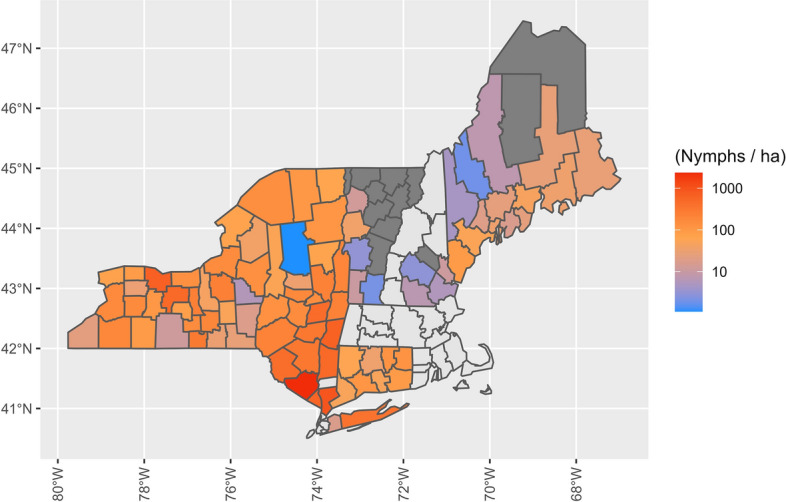 Spatial and temporal distribution of Ixodes scapularis and tick-borne pathogens across the northeastern United States.