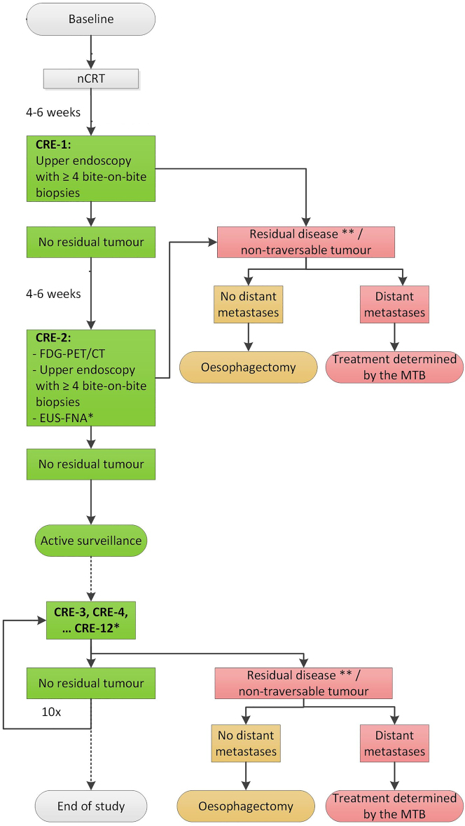 Active surveillance in patients with a complete clinical response after neoadjuvant chemoradiotherapy for esophageal- and gastroesophageal junction cancer.