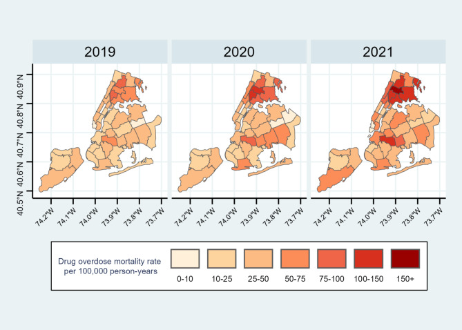 Impact of neighborhood-level COVID-19 mortality on the increase in drug overdose mortality in New York City during the COVID-19 pandemic.