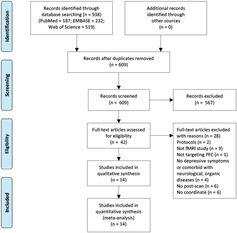 Effectiveness of non-invasive brain stimulation on depressive symptoms targeting prefrontal cortex in functional magnetic resonance imaging studies: a combined systematic review and meta-analysis.