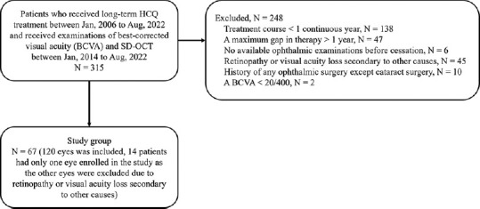 Optical coherence tomography characteristics in hydroxychloroquine retinopathy and the correlations with visual deterioration in Taiwanese.