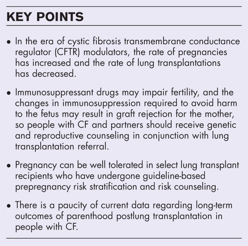 Pregnancy and fertility in people with cystic fibrosis following lung transplantation.