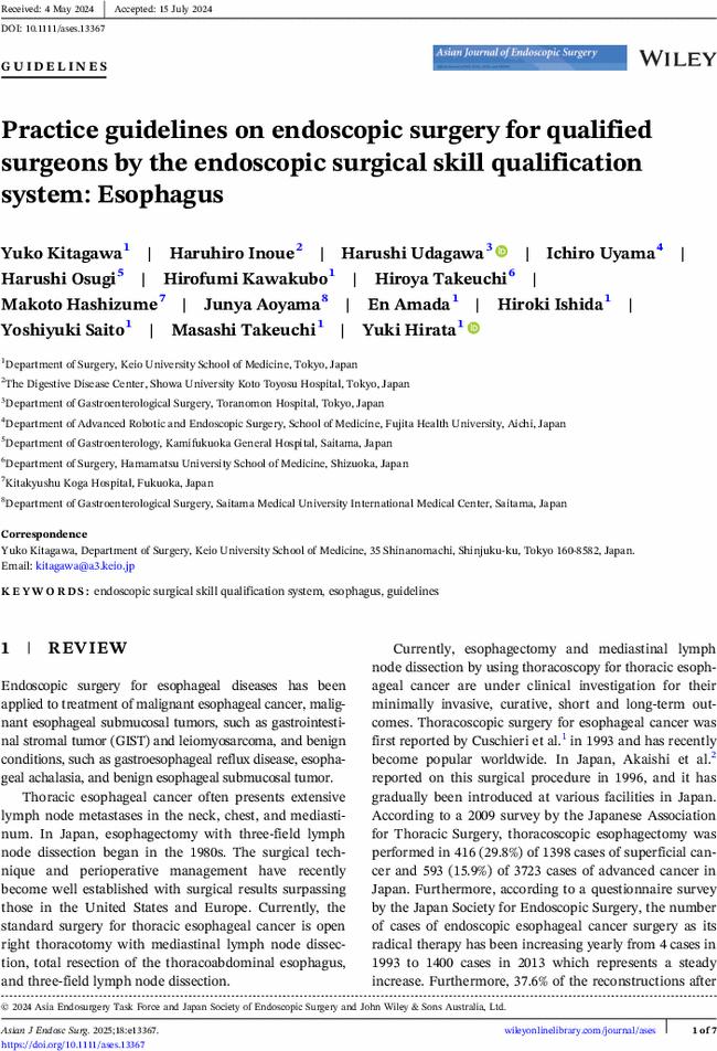 Practice guidelines on endoscopic surgery for qualified surgeons by the endoscopic surgical skill qualification system: Esophagus