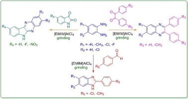 [EMIM]AlCl4-ionic liquid catalyzed mechanochemically assisted green approach towards the synthesis of quinoxaline, 6H-indolo[2,3-b]quinoxaline and benzimidazole derivatives