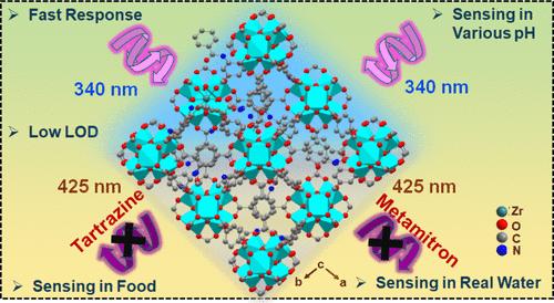 Nanoscale Zr(IV) MOF-Embedded Chitosan on Paper Composite for Aqueous Phase Detection of the Herbicide Metamitron and the Food Colorant Tartrazine