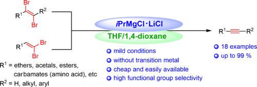 Chemoselective Preparation of Alkynes from Vicinal and Geminal Dibromoalkenes