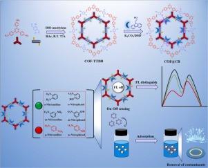 Construction of carbazole-conjugated dual-emission fluorescent covalent organic framework for distinguishing p-nitroaniline/p-nitrophenol and adsorbing nitroanilines/nitrophenols