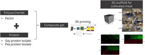 Evaluation of plant-based composite materials as 3D printed scaffolds for cell growth and proliferation in cultivated meat applications