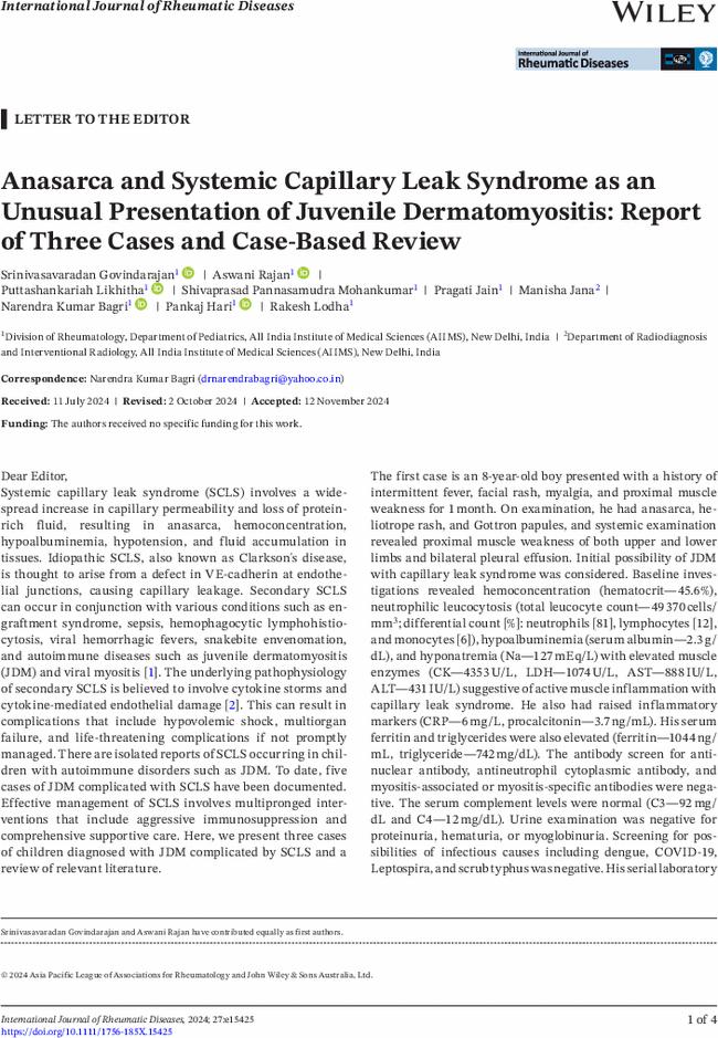 Anasarca and Systemic Capillary Leak Syndrome as an Unusual Presentation of Juvenile Dermatomyositis: Report of Three Cases and Case-Based Review