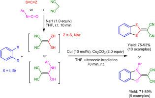 Ullmann coupling reaction of dihalobenzenes and malononitrile-heterocumulene adducts under ultrasound-irradiation