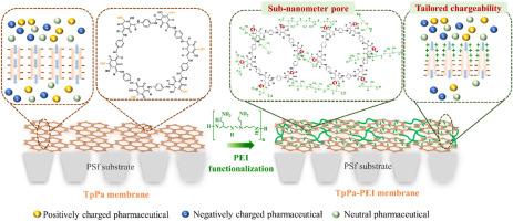 Crystalline covalent organic framework membrane with tailored chargeability for efficient pharmaceutical rejection by in-situ functionalization of polyethylene-imine