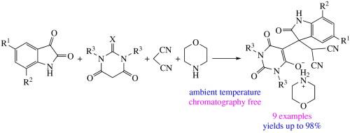 First example of isatin used in four-component synthesis of ionic unsymmetrical scaffold with three different heterocyclic rings