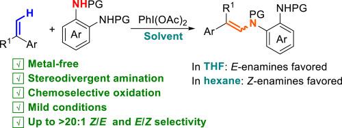 Solvent-controlled stereodivergent synthesis of E- and Z-enamines via metal-free formal C(sp2)-H amination of α-substituted styrenes