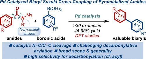 Pd-Catalyzed Decarbonylative Suzuki–Miyaura Cross-Coupling of Pyramidalized N-Mesyl Amides by a Tandem N–C(O)/C–C Bond Activation