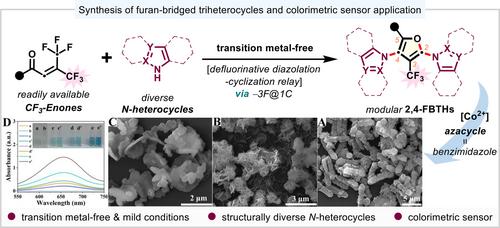 Defluorinative Diazolation-Cyclization Relay for Synthesis of Furan-Bridged Triheterocycles and Colorimetric Sensor Application