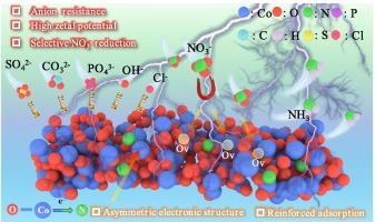 Electron-deficient asymmetric Co centers marry oxygen vacancy for NO3RR: Excellent activity and anion resistance property