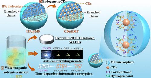 Endogenetic Carbon Dot Strategy within Melamine-Formaldehyde Microspheres for Multifunctional Hybrid Fluorescence/Room-Temperature Phosphorescence Applications in Dry States and Aqueous Environments
