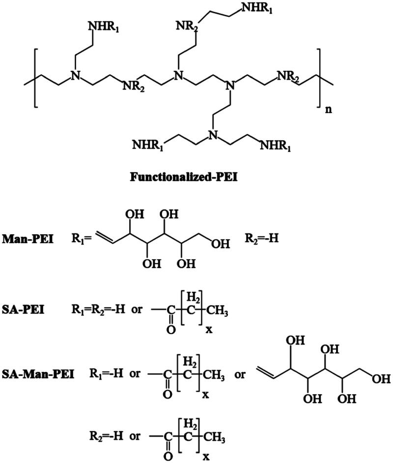 Mannose/stearyl chloride doubly functionalized polyethylenimine as a nucleic acid vaccine carrier to promote macrophage uptake.