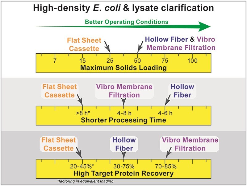Exploration of alternative microfiltration modalities for the harvest and clarification of diverse recombinant proteins from high-density E. coli culture and lysate using hollow fibre, flat sheet cassette, and vibro membrane filtration technologies.