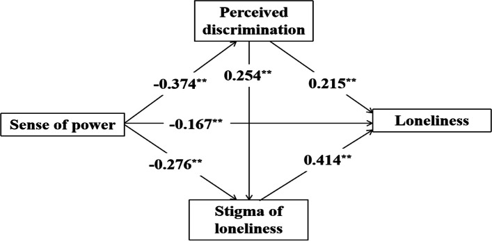Impact of the sense of power on loneliness among international students in China: the chain mediating role of perceived discrimination and loneliness stigma.