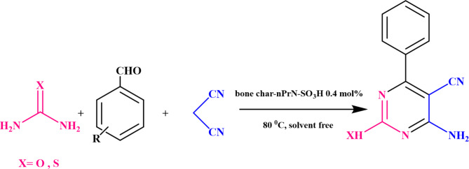 Highly efficient synthesis of pyrimidine-5-carbonitrile derivatives over a robust biowaste bone char-Bronsted solid acid catalyst.