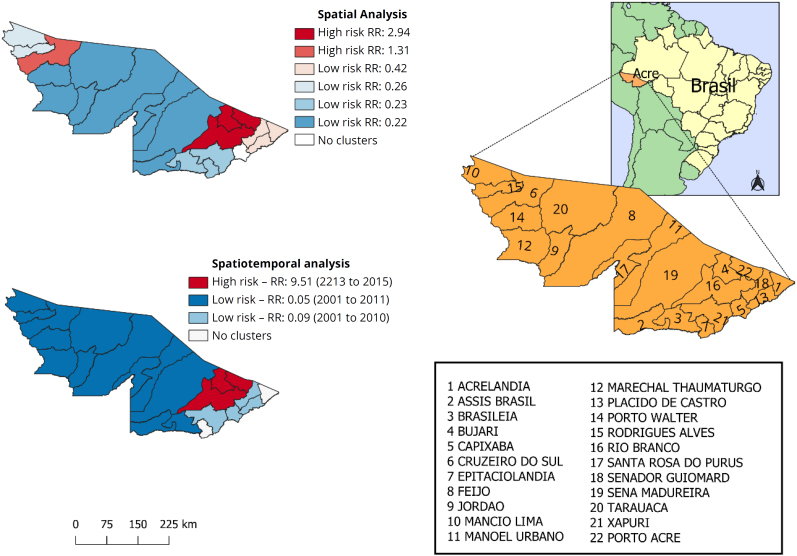 Spatial, temporal, and space-time analysis of leptospirosis cases in Acre, 2001-2022.