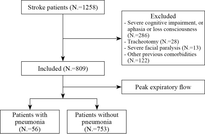 Lower peak expiratory flow rate is associated with a higher risk of pneumonia in patients with stroke.
