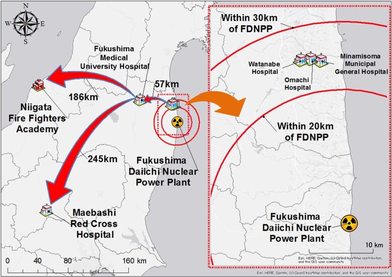 Difficulties faced by three hospitals evacuated from the urgent protective action planning zone after the 2011 Fukushima Daiichi Nuclear power plant accident.