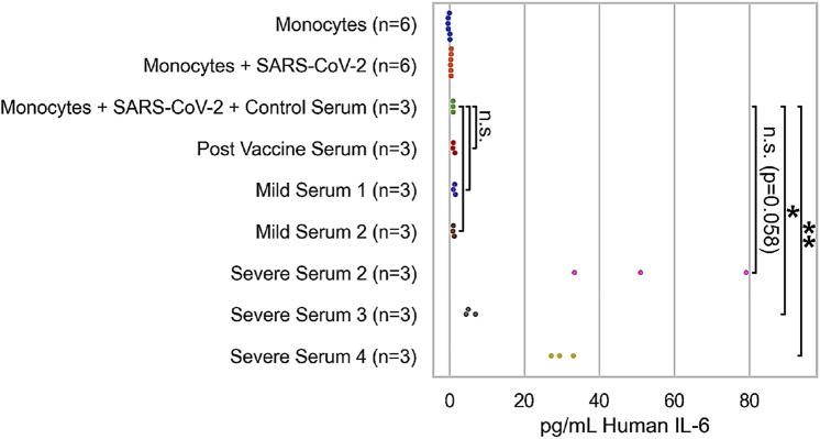 FcγRIIa-mediated antibody-dependent uptake of SARS-CoV-2 enhances IL-6 expression of monocytes.
