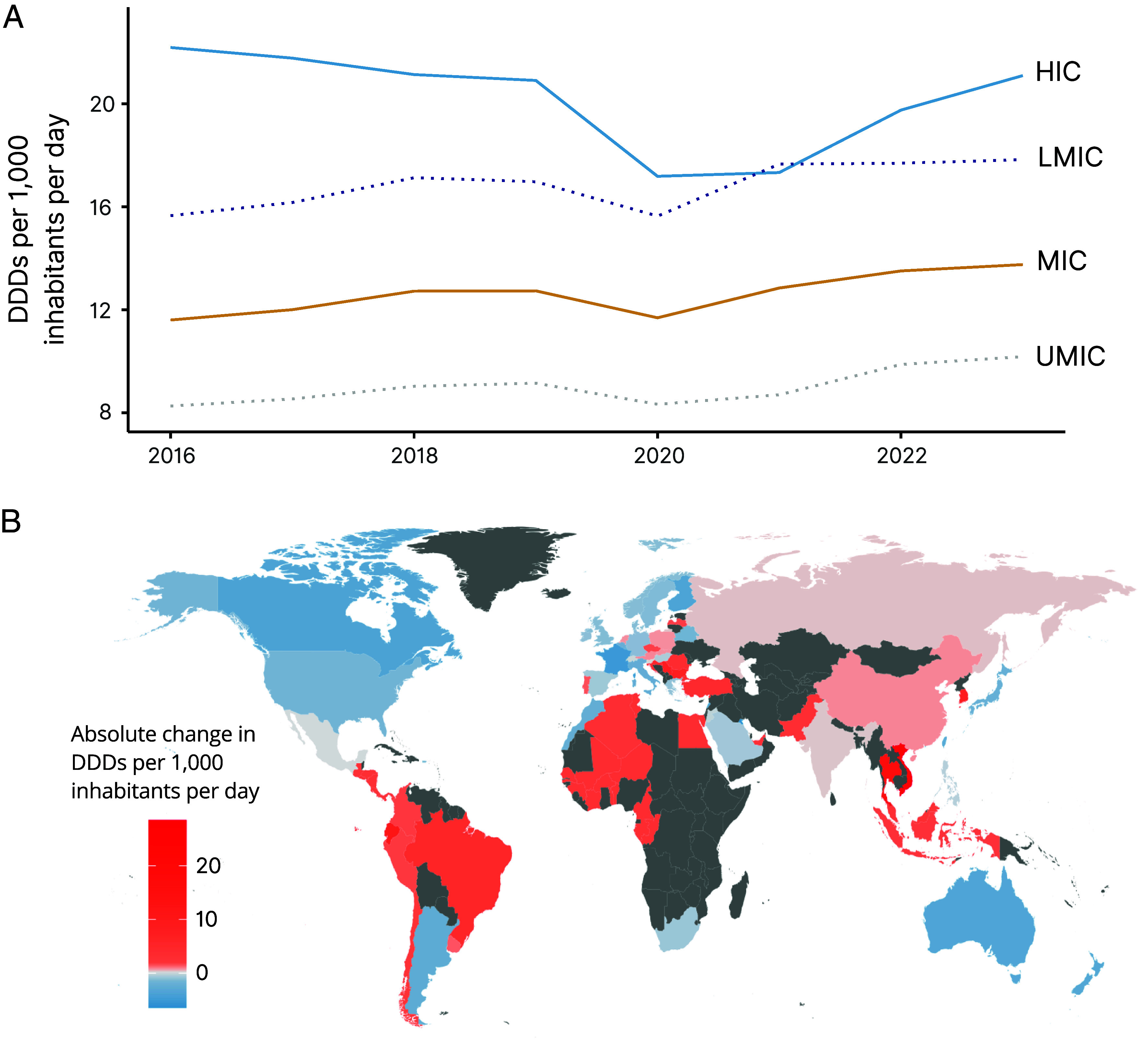 Global trends in antibiotic consumption during 2016-2023 and future projections through 2030.