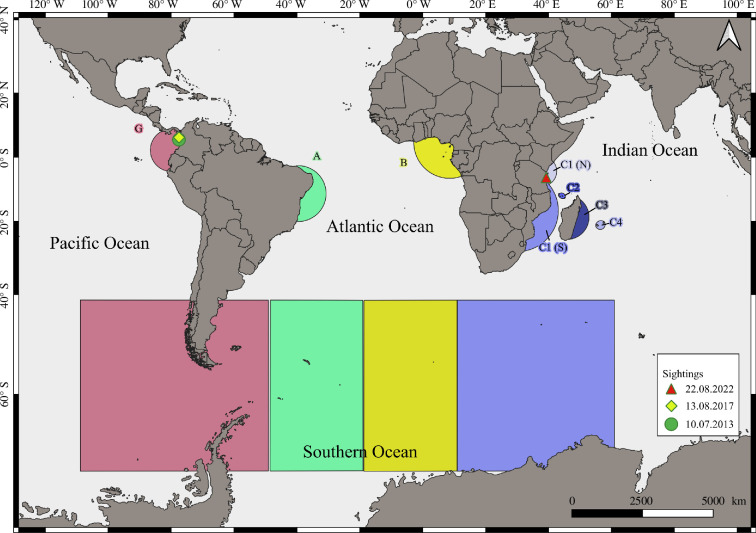 Interbreeding area movement of an adult humpback whale between the east Pacific Ocean and southwest Indian Ocean.
