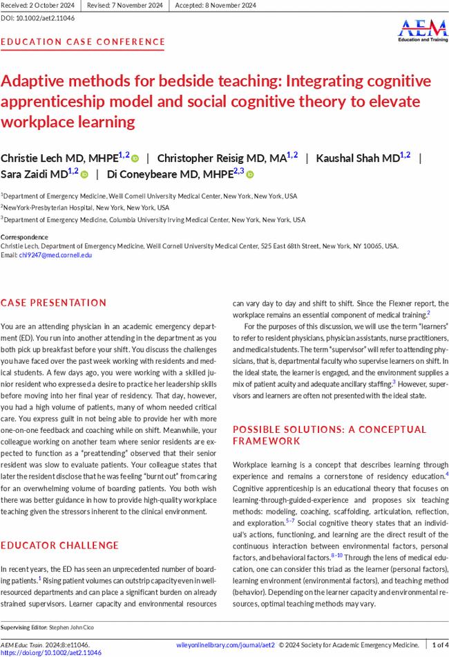 Adaptive methods for bedside teaching: Integrating cognitive apprenticeship model and social cognitive theory to elevate workplace learning