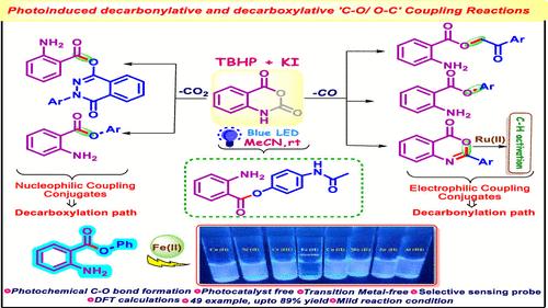 Photoinduced Regioselective Decarbonylative and Decarboxylative C–O Bond Functionalizations: Approach toward Chemoselective Scissions of Isatoic Anhydride and Unraveling the Enroutes through Control Experiments and DFT Studies