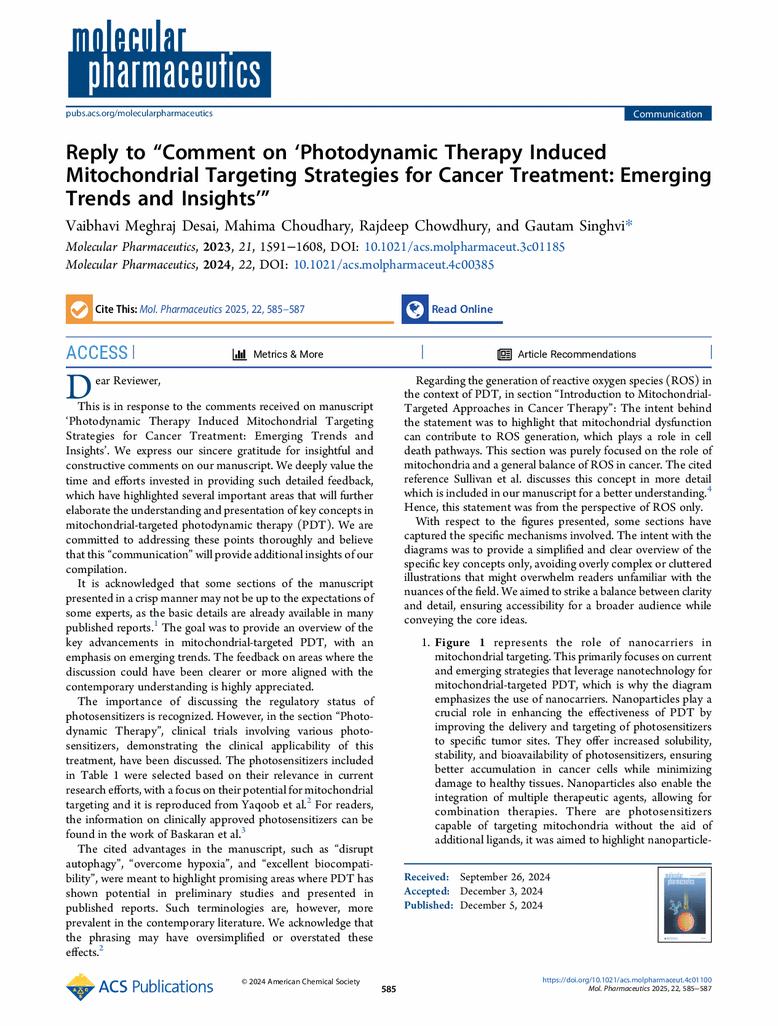 Reply to “Comment on ‘Photodynamic Therapy Induced Mitochondrial Targeting Strategies for Cancer Treatment: Emerging Trends and Insights’”