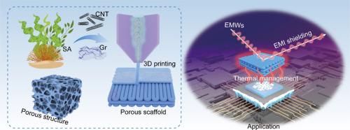 3D-printed sodium alginate/carbon nanotube/graphene porous scaffolds crosslinked with Ca2+ for high-performance electromagnetic shielding and Joule heating